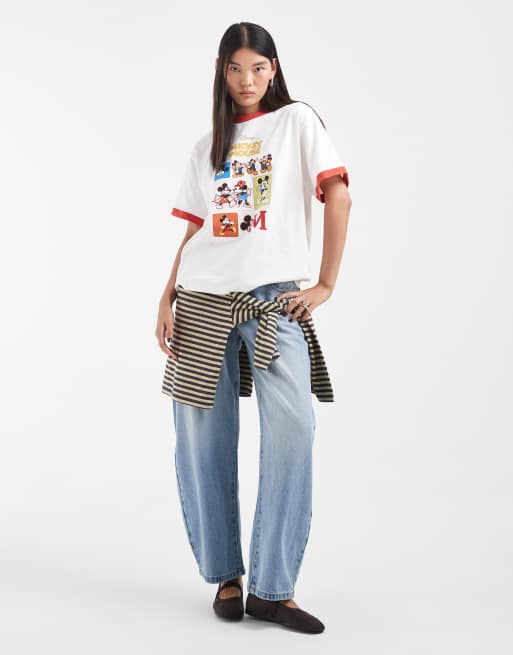 ASOS DESIGN Disney t-shirt oversize en slub à col contrasté avec imprimé Mickey Mouse graphique blanc, 2 de 4