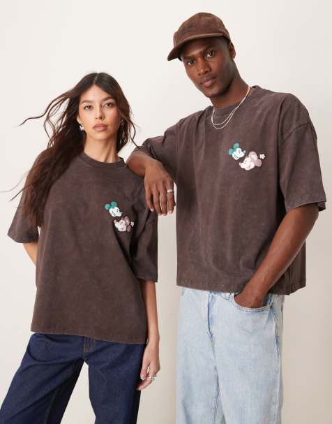 ASOS DESIGN - Disney - T-shirt oversize squadrata con stampa di Topolino e Minnie marrone slavato - view 1