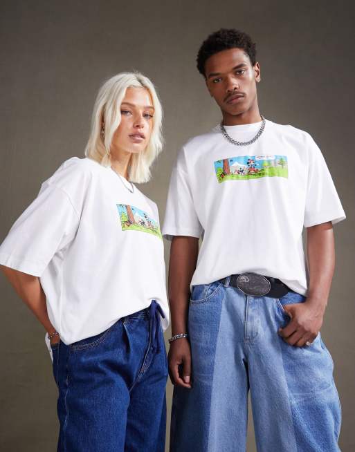 ASOS DESIGN Disney – T-shirt oversize unisex w kolorze złamanej bieli z nadrukiem z motywem komiksu z Myszką Miki