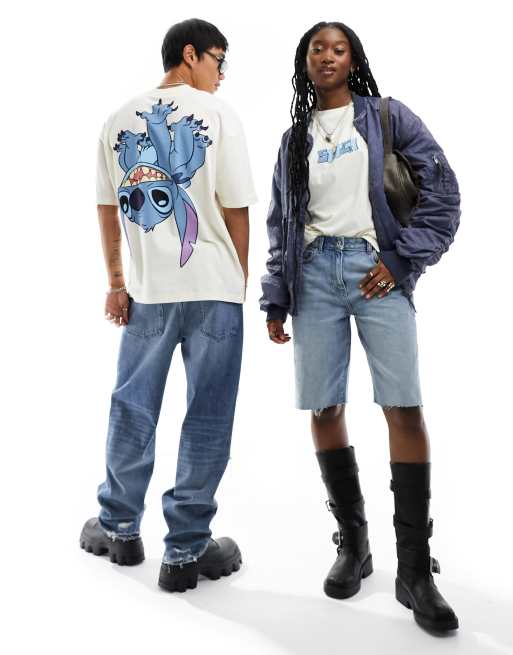 ASOS DESIGN Disney – T-shirt unisex o fasonie oversize w kolorze złamanej bieli z dużą grafiką Stitch na plecach 