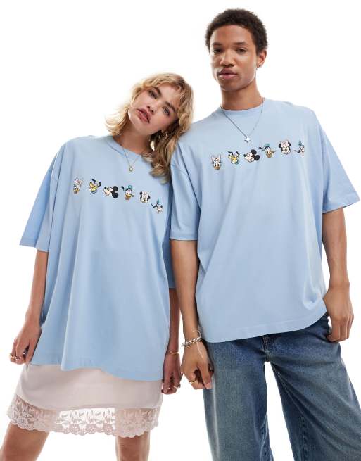 ASOS DESIGN – Disney – T-shirt unisex o fasonie oversize w spranym niebieskim kolorze z grafiką Mickey Mouse & Friends