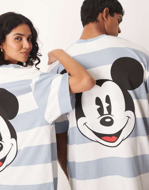 ASOS DESIGN - Disney - T-shirt unisex oversize blu con motivo gessato e stampa "Mickey Mouse", 2 di 4