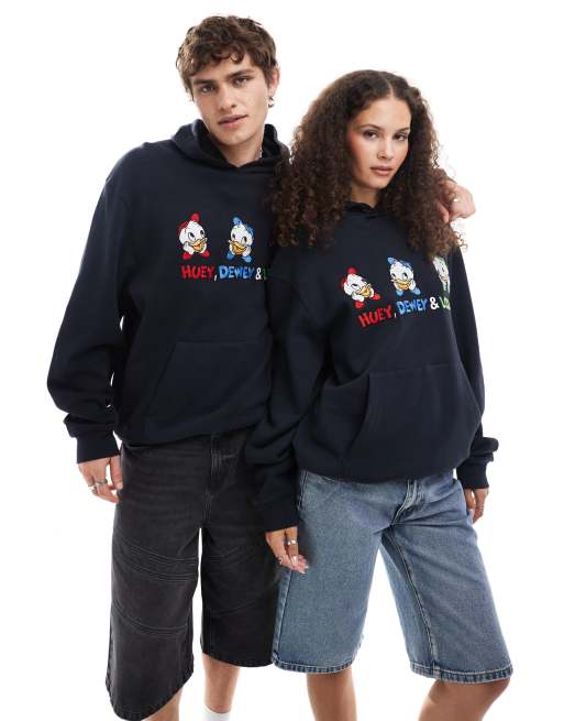 ASOS DESIGN - Disney - Uniseks - Oversized getextureerde hoodie met print van Huey, Dewey en Louie en borduursel in marineblauw