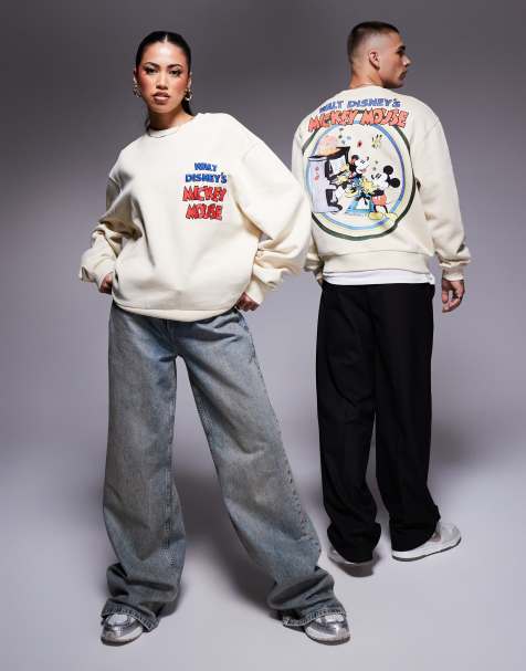 ASOS DESIGN - Disney - Uniseks recht oversized sweatshirt met Mickey Mouse en Minnie Mouse-prints in gemêleerd wit - view 1