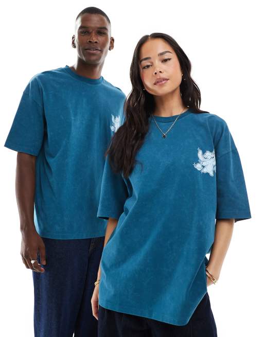 ASOS DESIGN – Disney – Unisex – Blåtvättad t-shirt i oversize med Stitch-tryck, 2 av 4