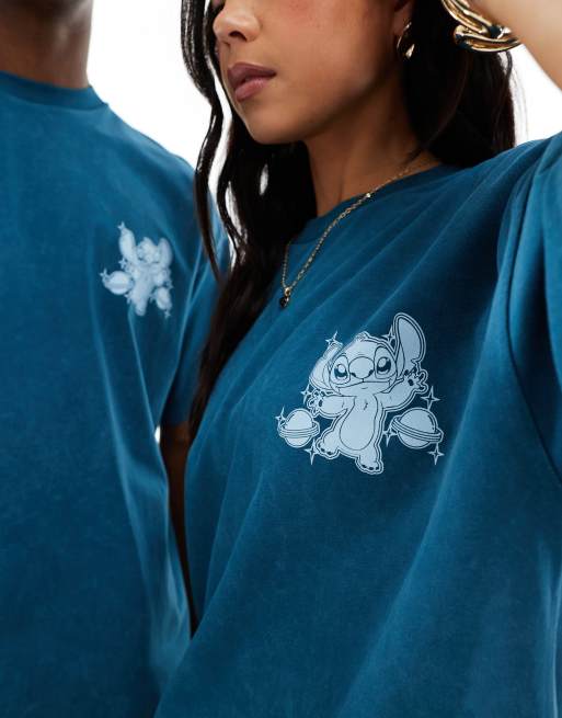 ASOS DESIGN – Disney – Unisex – Blåtvättad t-shirt i oversize med Stitch-tryck, 4 av 4