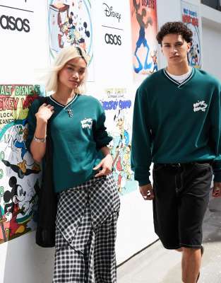 Asos Design Disney Unisex Boxy Fit V Neck Sweatshirt With Mickey Mouse Prints In Green