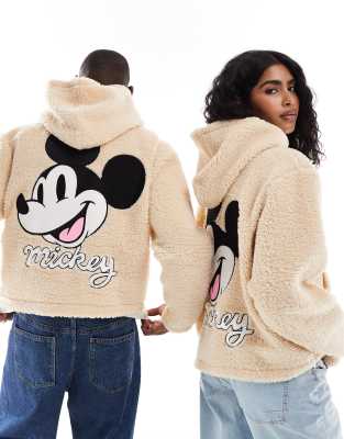 Disney unisex boxy oversized borg hoodie with mickey face embroidery in beige-Neutral