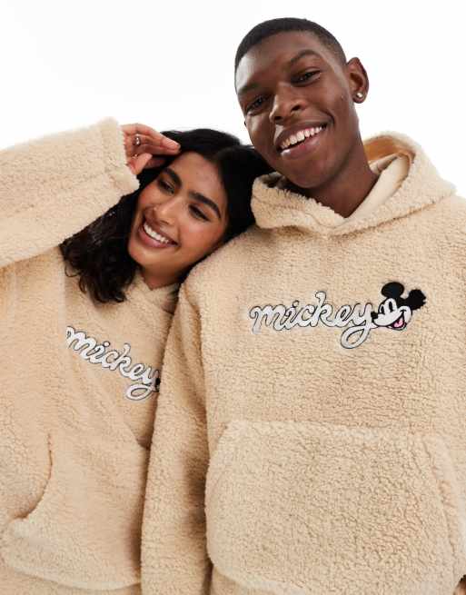 ASOS DESIGN Disney unisex boxy oversized borg hoodie with mickey face embroidery in beige
