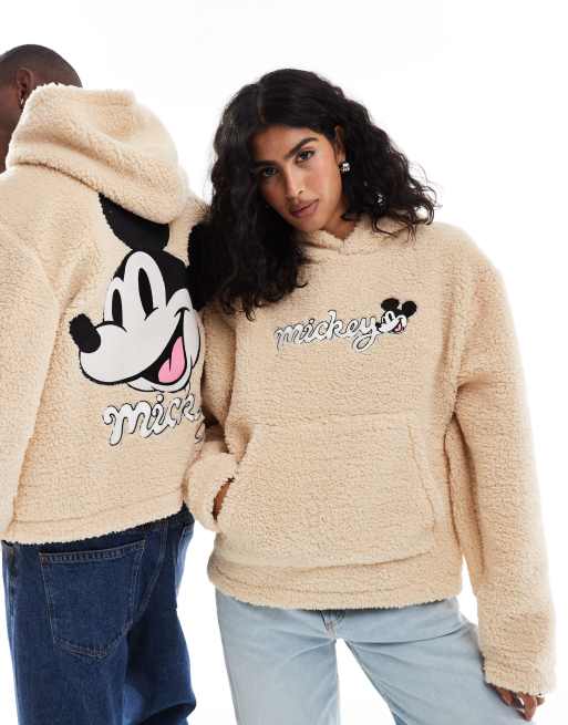 ASOS DESIGN Disney unisex boxy oversized borg hoodie with mickey face embroidery in beige