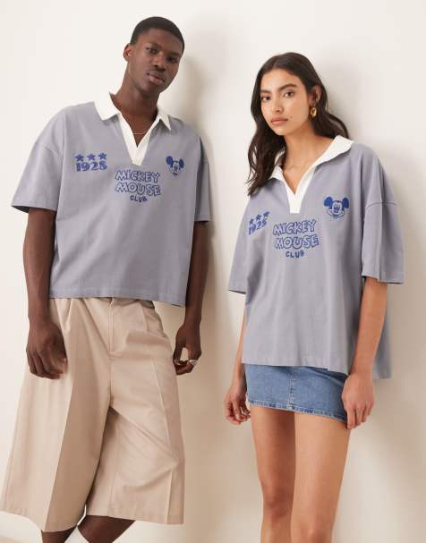 ASOS DESIGN Disney unisex boxy oversized drop shoulder polo neck t-shirt with Mickey Mouse sports prints in blue - view 1