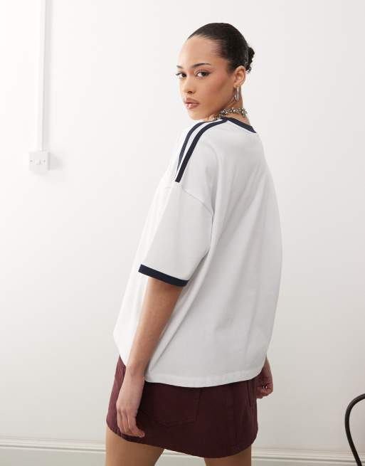 ASOS DESIGN Disney unisex boxy oversized drop shoulder T-shirt with Mickey Mouse embroidery and binding detail in white