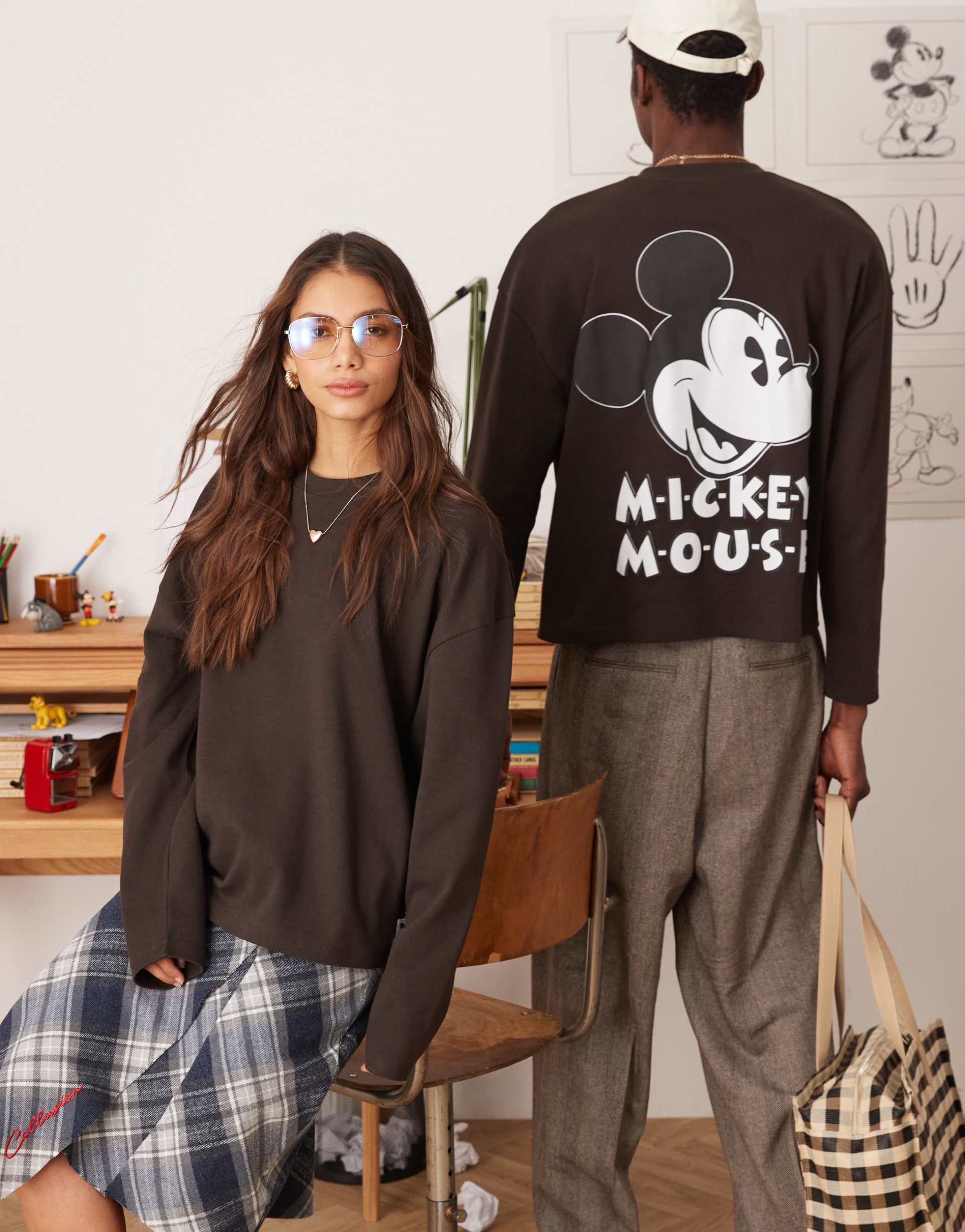 asos design disney unisex boxy oversized heavyweight long sleeve t-shirt with mickey mouse prints in dark brown