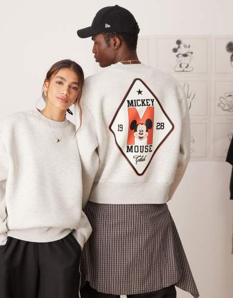 ASOS DESIGN Disney unisex boxy oversized heavyweight scuba-style fabric sweatshirt with Mickey Mouse prints in grey marl - view 1