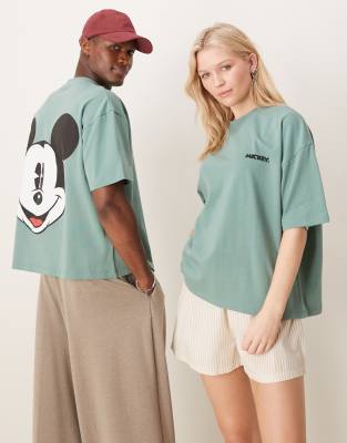 Asos Design Disney Unisex Boxy Oversized Heavyweight T-shirt With Mickey Mouse Prints In Green