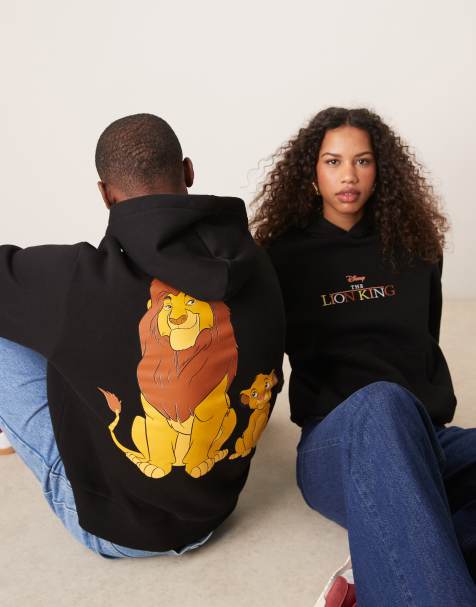 ASOS DESIGN Disney unisex boxy oversized hood with The Lion King Simba prints in black - view 1