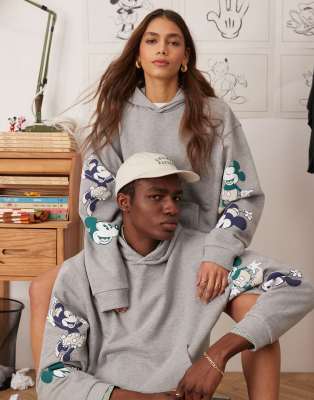 Asos Design Disney Unisex Boxy Oversized Hoodie With Mickey & Minnie Mouse Prints In Gray