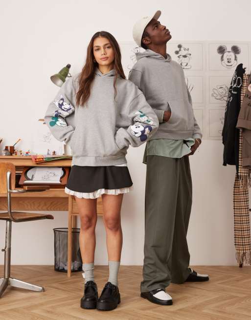 ASOS DESIGN Disney unisex boxy oversized hoodie with Mickey & Minnie Mouse prints in gray heather