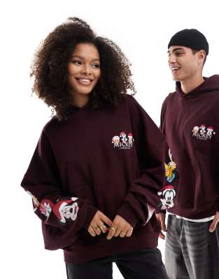 Asos Design Disney Unisex Boxy Oversized Hoodie With Mickey Mouse And Friends Santa Hat Prints In Brown
