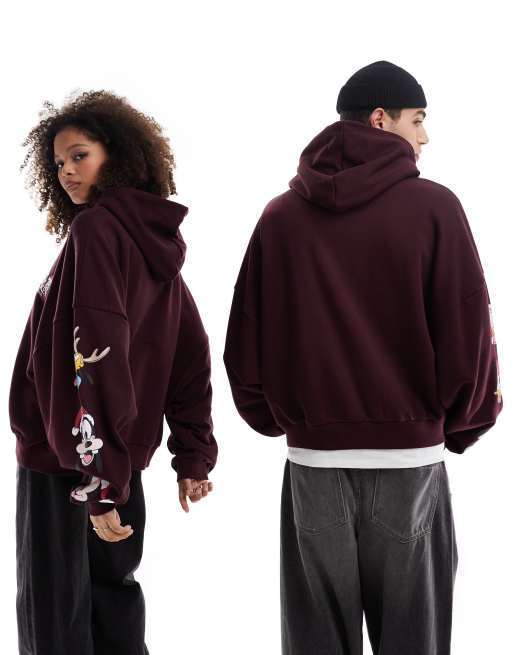 ASOS DESIGN Disney unisex boxy oversized hoodie with Mickey Mouse and Friends Santa hat prints in brown ASOS