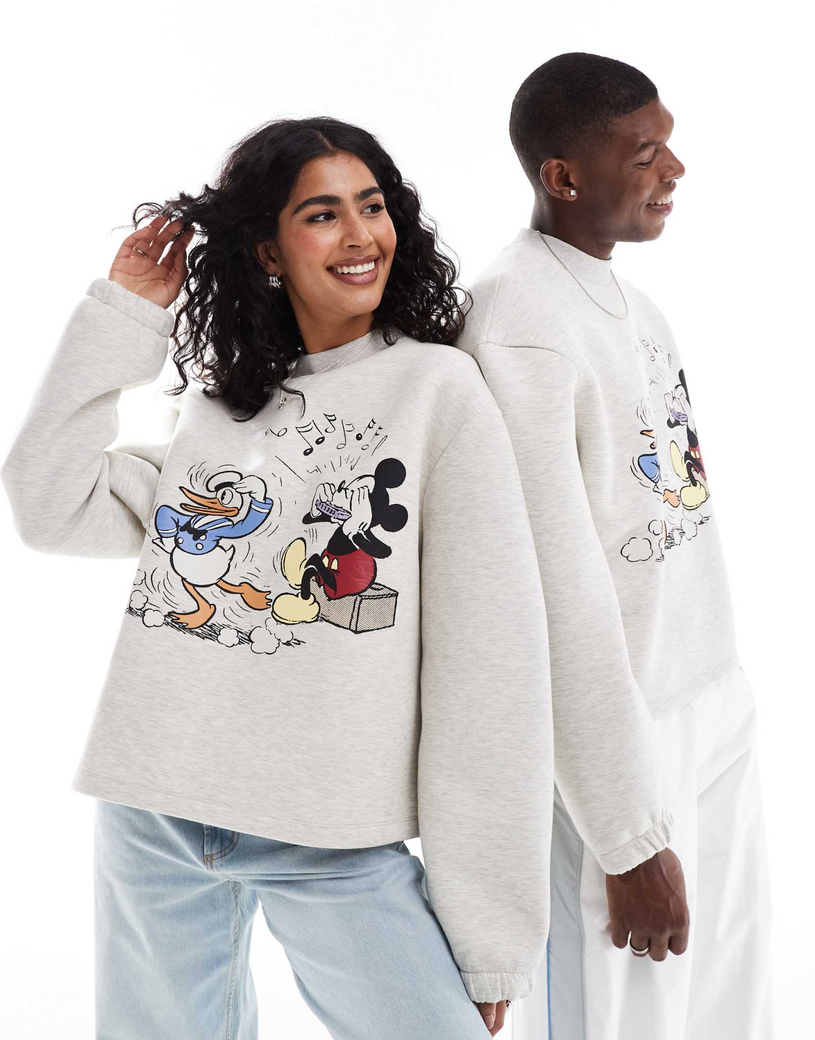 Толстовка для подводного плавания ASOS DESIGN Disney унисекс свободного покроя с принтом Микки Мауса и Дональда Дака в сером вереске 