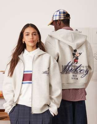 Asos Design Disney Unisex Boxy Oversized Scuba Zip Up Hoodie With Mickey Mouse Prints In Heather Gray