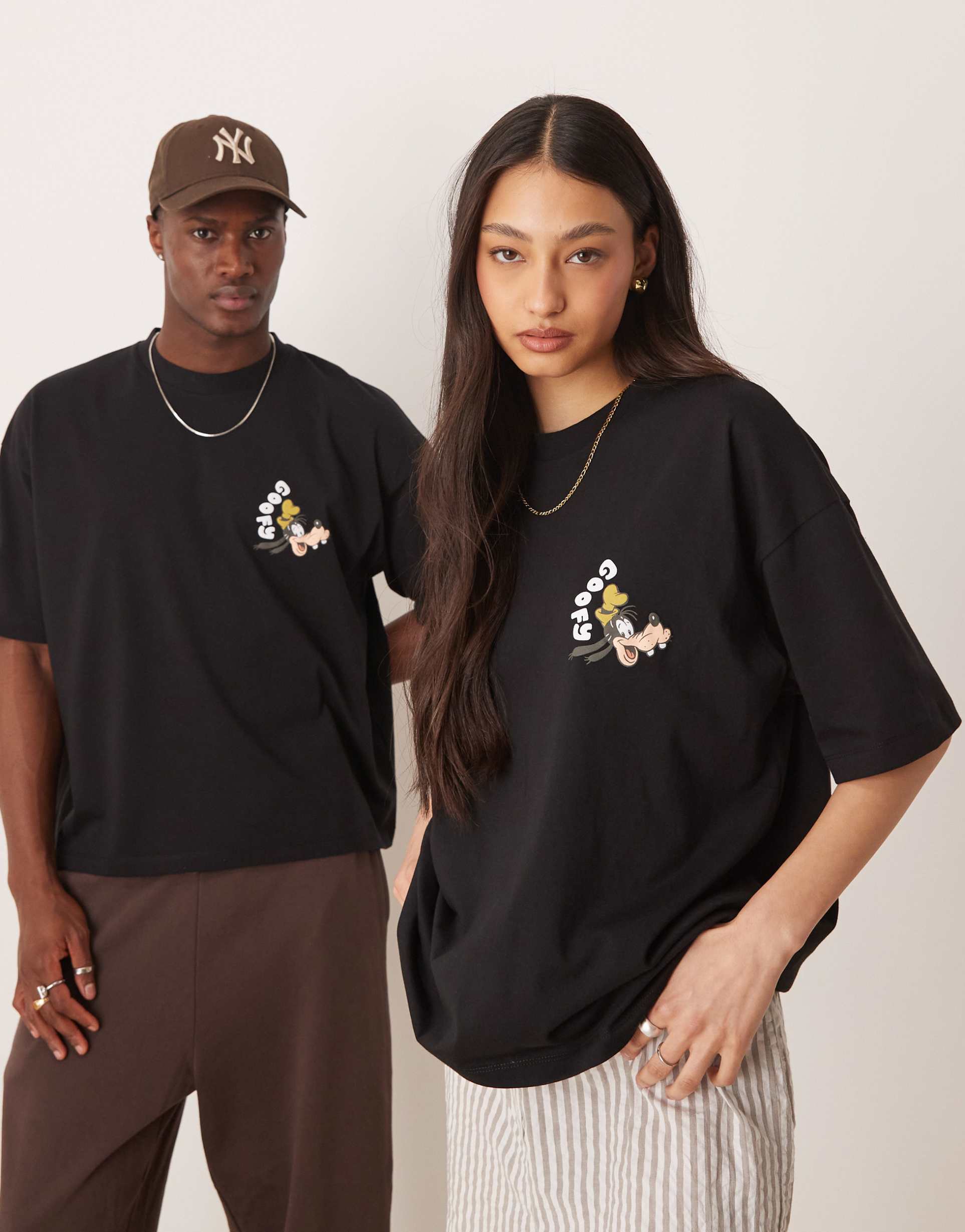 asos design disney unisex boxy oversized t-shirt with goofy prints in black