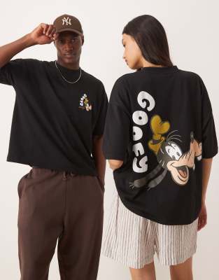 Asos Design Disney Unisex Boxy Oversized T-shirt With Goofy Prints In Black