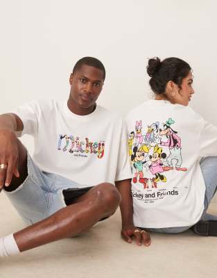 Asos Design Disney Unisex Boxy Oversized T-shirt With Mickey Mouse & Friends Prints In White