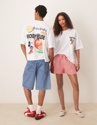 Asos Design Disney Unisex Boxy Oversized T-shirt With Mickey Mouse Fruit Prints