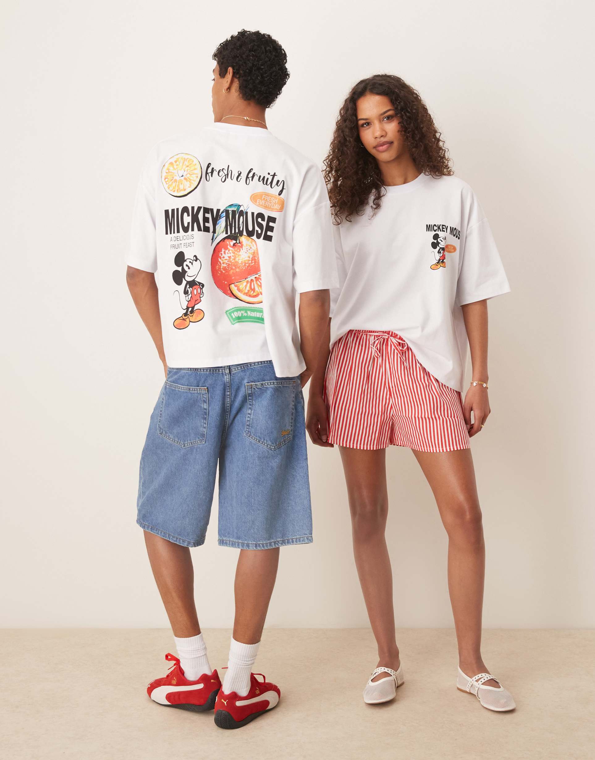 asos design disney unisex boxy oversized t-shirt with mickey mouse fruit prints in white