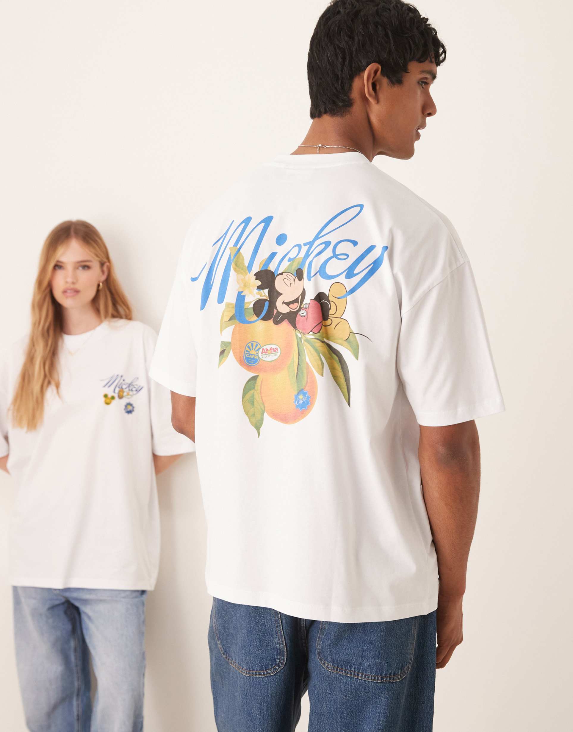 asos design disney unisex boxy oversized t-shirt with mickey mouse fruit prints in white