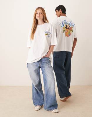 Asos Design Disney Unisex Boxy Oversized T-shirt With Mickey Mouse Fruit Prints In White