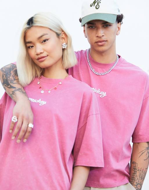 ASOS DESIGN Disney unisex boxy oversized t-shirt with Mickey Mouse print in pink, 4 of 4