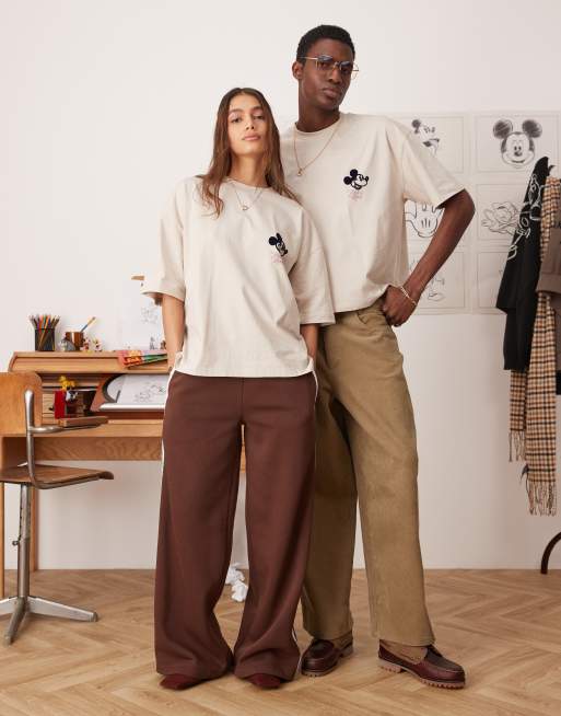 ASOS DESIGN Disney unisex boxy oversized t-shirt with Mickey Mouse prints in beige