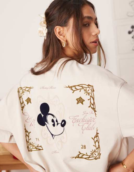 ASOS DESIGN Disney unisex boxy oversized t-shirt with Mickey Mouse prints in beige