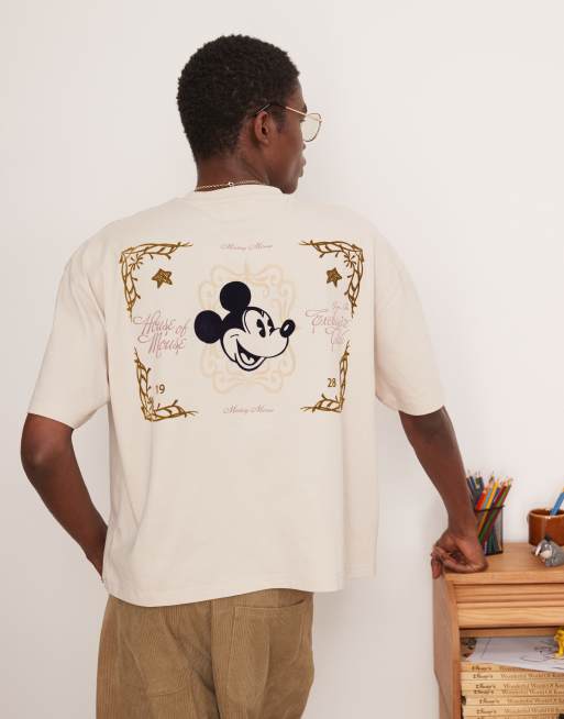 ASOS DESIGN Disney unisex boxy oversized t-shirt with Mickey Mouse prints in beige