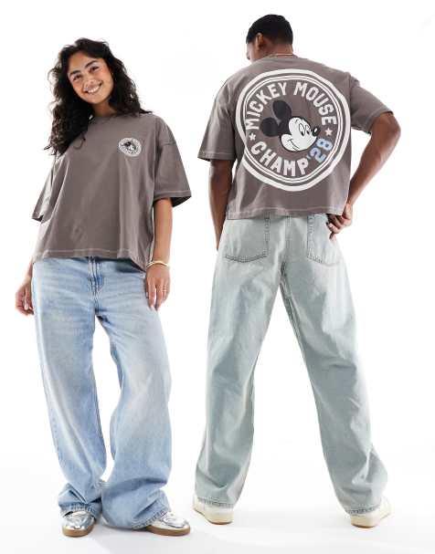 ASOS DESIGN Disney unisex boxy oversized t-shirt with Mickey Mouse prints in brown - view 1