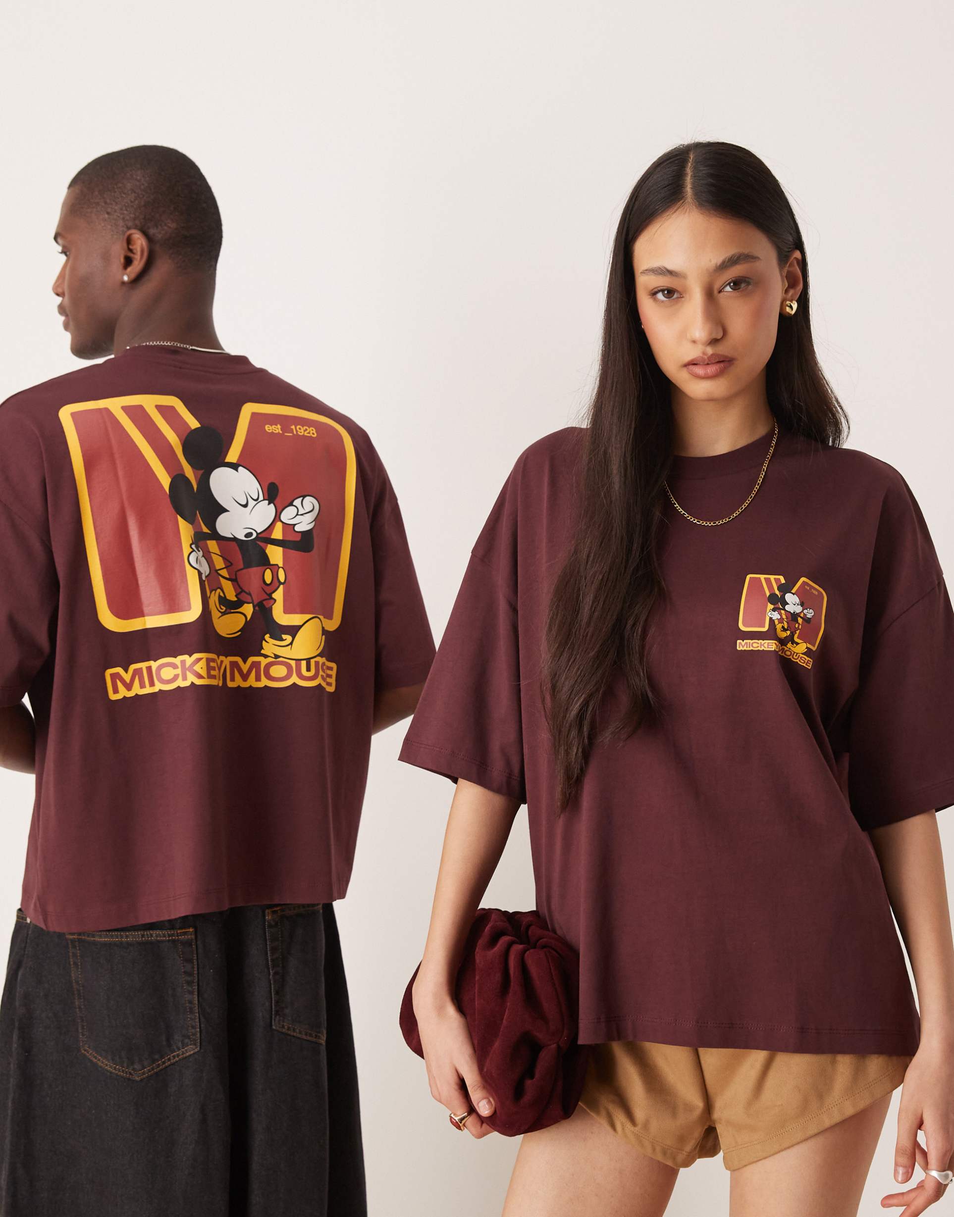 asos design disney unisex boxy oversized t-shirt with mickey mouse prints in brown