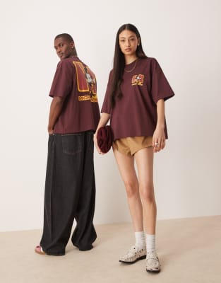Asos Design Disney Unisex Boxy Oversized T-shirt With Mickey Mouse Prints In Brown