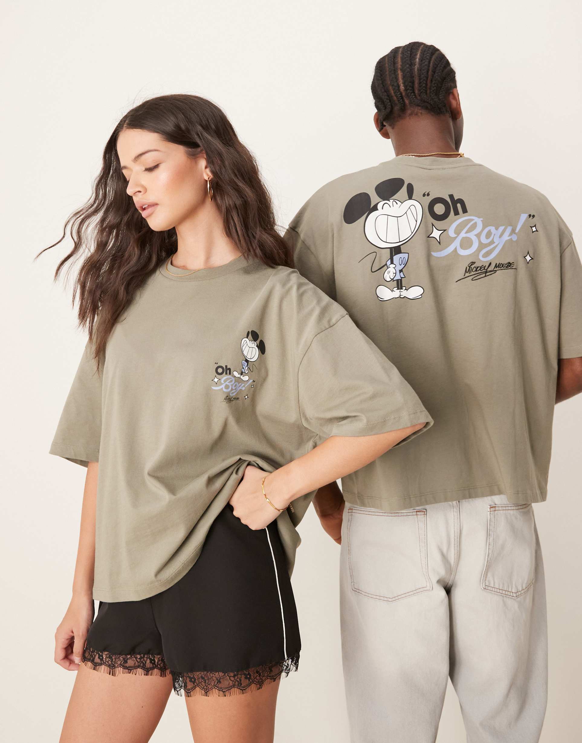 asos design disney unisex boxy oversized t-shirt with mickey mouse prints in khaki