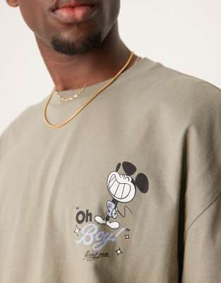 Asos Design Disney Unisex Boxy Oversized T-shirt With Mickey Mouse Prints In Green