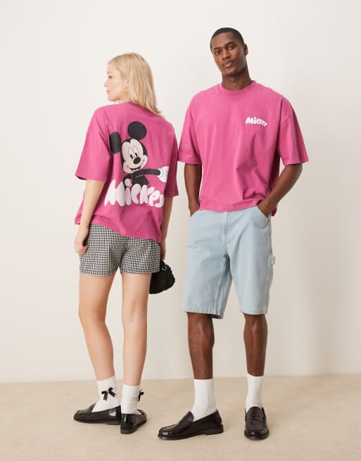 ASOS DESIGN Disney unisex boxy oversized T-shirt with Mickey Mouse prints in washed pink
