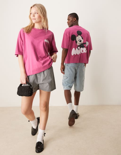 ASOS DESIGN Disney unisex boxy oversized T-shirt with Mickey Mouse prints in washed pink