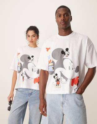 Asos Design Disney Unisex Boxy Oversized T-shirt With Mickey Mouse Prints In White