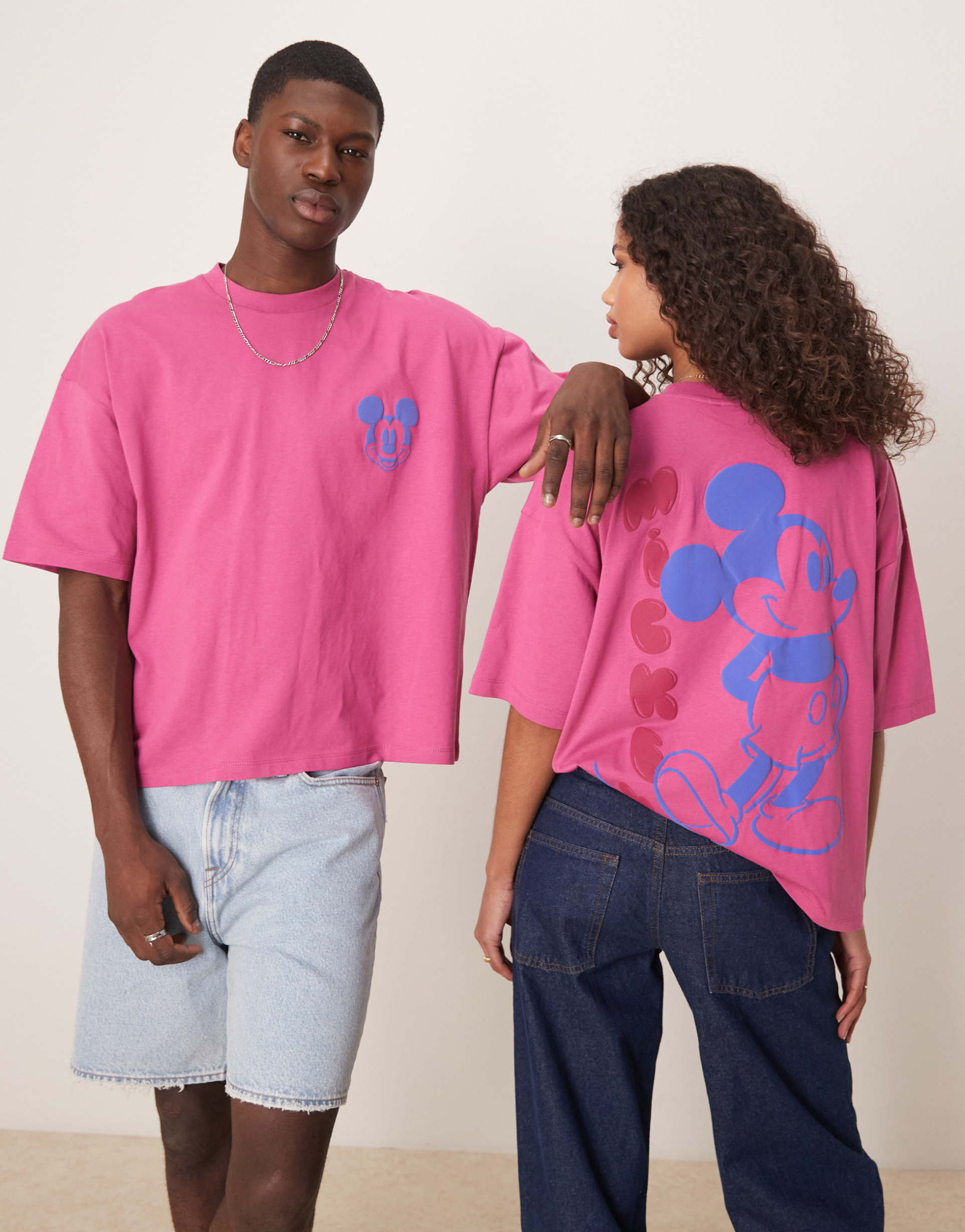 asos design disney unisex boxy oversized t-shirt with mickey mouse puff prints in pink