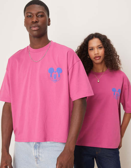 ASOS DESIGN Disney unisex boxy oversized T-shirt with Mickey Mouse puff prints in pink