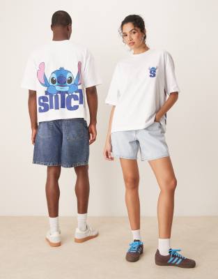 Asos Design Disney Unisex Boxy Oversized T-shirt With Stitch Prints In White