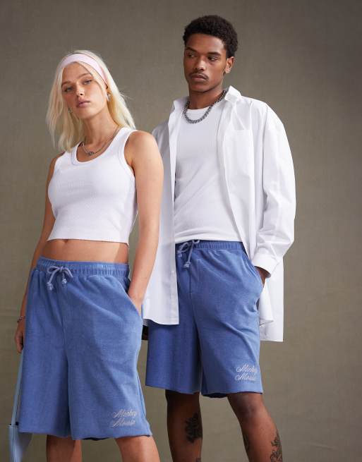 ASOS DESIGN Disney unisex co-ord oversized textured short with Mickey Mouse print in washed blue, 3 of 4