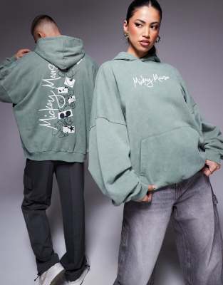 Asos Design Disney Unisex Extreme Oversized Hoodie With Mickey Prints In Sage Green